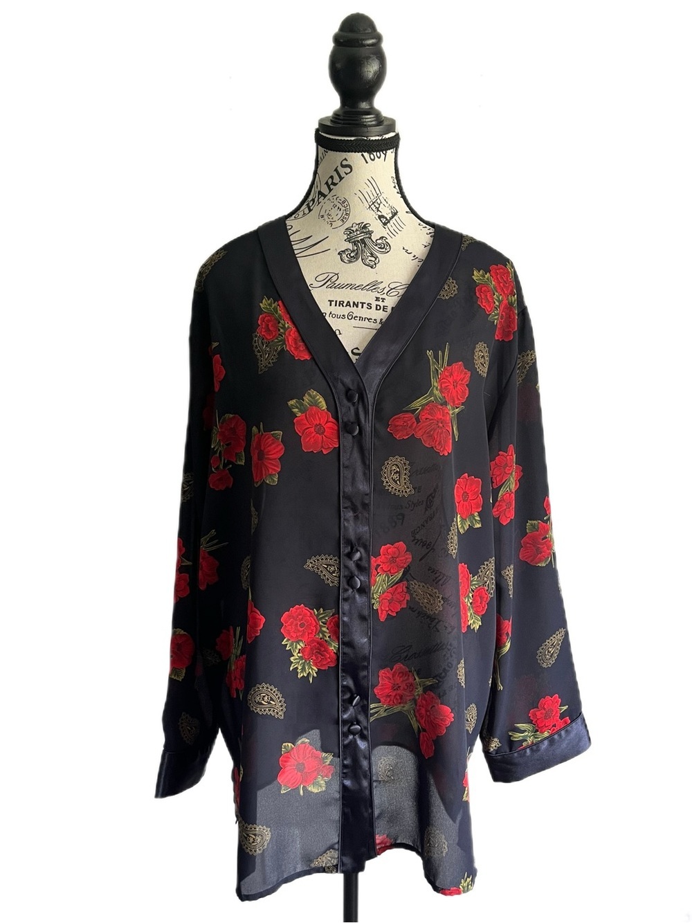 Vintage 90s La Vie En Rose Sheer Navy Blue Floral Rose Paisley Blouse